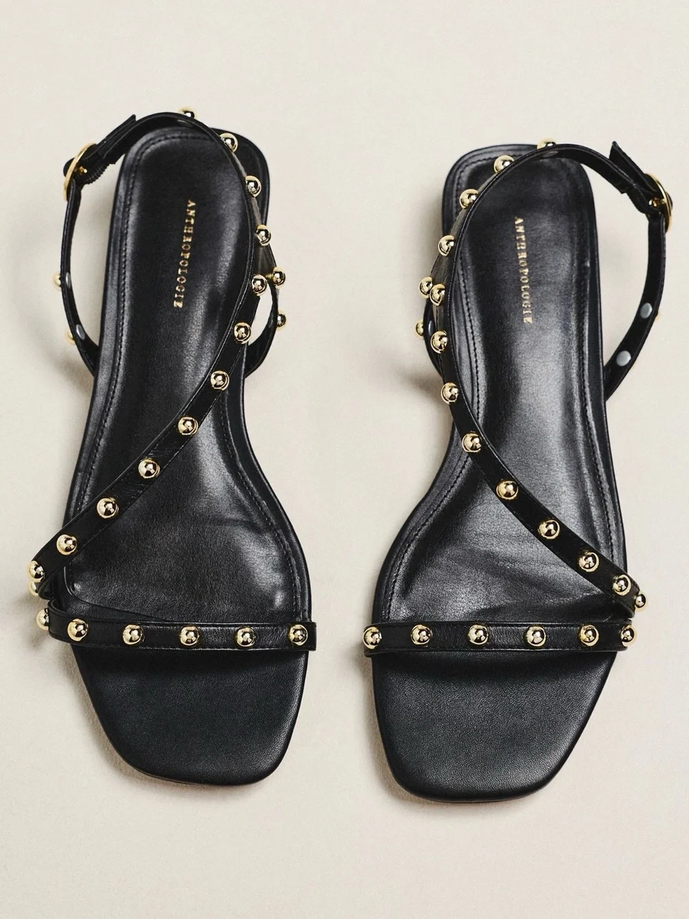 Anthropology Black Leather Gold-Stud Slingback Sandals